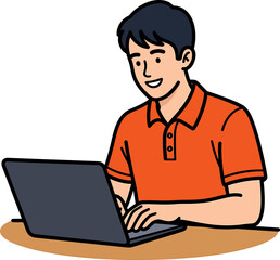 Smiling Man Working on Laptop