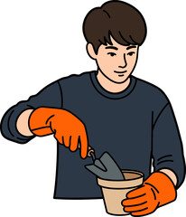 Gardener in Gloves Planting Flower Pot with Trowel: Vector Illustration of Home Gardening Hobby