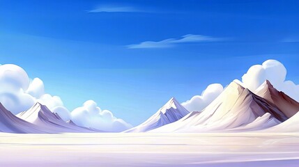 A scenic illustration of snowy mountains under a bright blue sky with fluffy white clouds, evoking a sense of calm and serenity.