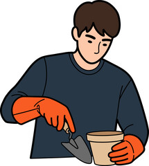 Gardener Potting Plant with Trowel and Gloves Illustration