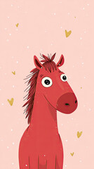 Charming red fire horse with sparkling eyes amidst a pastel pink background decorated with golden stars and hearts