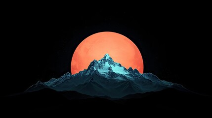 A surreal landscape featuring snow-capped mountains silhouetted against a large red moon in a dark space. The image evokes a sense of mystery and wonder.