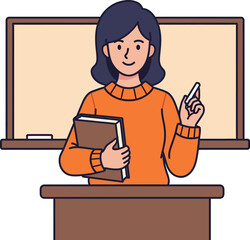 Female Teacher Character Standing at Desk with Book and Chalkboard, Education Vector Illustration