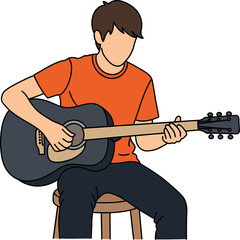 Flat vector illustration of a person playing an acoustic guitar while sitting.