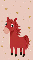Charming red fire horse with sparkling eyes among golden stars and hearts creates a cozy festive pattern perfect for celebrating Chinese New Year