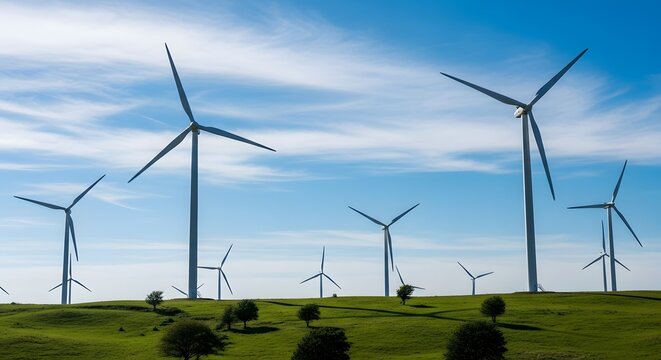 Wind turbines dotting green rolling hills under a bright blue sky wind farm renewable energy