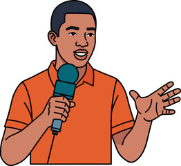 Cartoon Illustration of Black Journalist Reporting or Public Speaker with Microphone