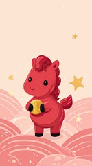 Charming chibi red horse joyfully holding a golden lucky charm on a pastel wave background for the New Year celebration
