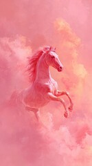 Glowing horse galloping through pink mist in a romantic landscape of pastel hues and soft light