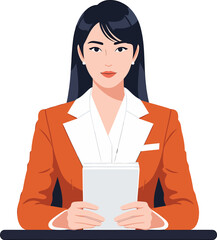 Professional Woman or Newscaster Holding Documents at Desk - Vector Illustration