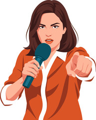 Confident Female Reporter with Microphone Pointing at Viewer