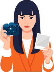 Professional Photographer Holding Camera and Instant Print on White Background. Vector Illustration.