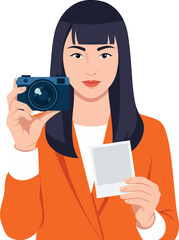 Young Female Photographer Holding Digital Camera and Instant Photo Printout - Vector Illustration