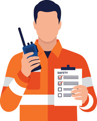 Safety Officer with Checklist and Radio. Worker in Orange High-Visibility Uniform Holding Walkie Talkie and Safety Inspection Report, Vector Illustration.