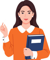 Confident professional woman holding book and gesturing.