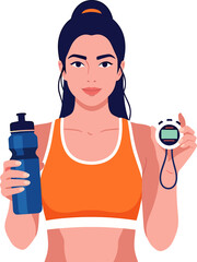 Sporty Woman Holding Stopwatch and Water Bottle. Fitness and Exercise Timer Vector Illustration.