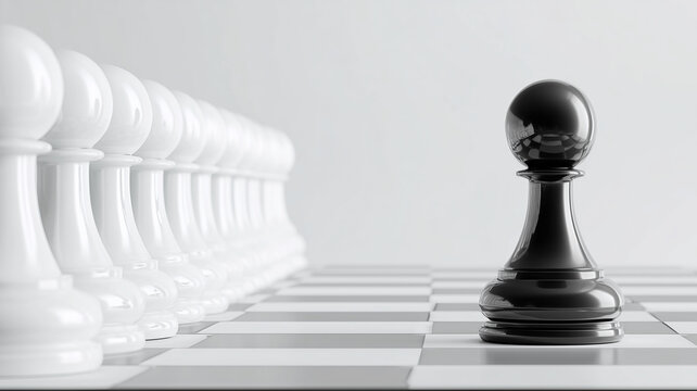 A leadership distinction concept depicted with a single chess pawn standing apart from a uniform group symbolizing individuality, strategic position and unique potential.
