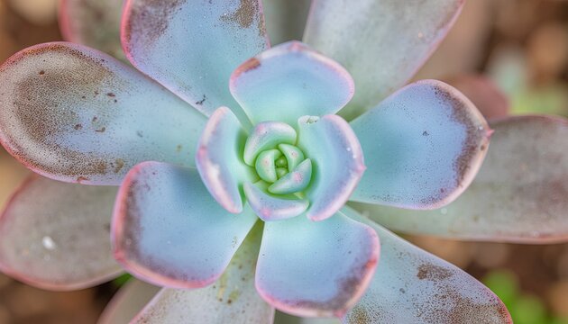 Close up of a pale blue succulent plant with pink edges and water droplets on its leaves in natural daylight - Powered by Adobe