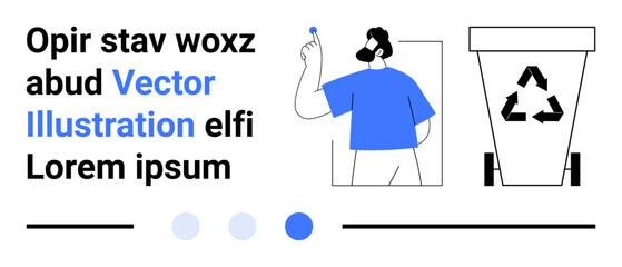 Man dropping small item near recycling bin, encouraging eco-conscious recycling. Ideal for sustainability, eco-awareness, waste management, environmental education, green living, community cleanup