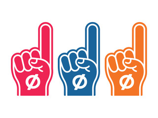 Obraz premium Three foam fingers in red, blue, and orange, each displaying a white circle with a slash through it, signifying 'no' or 'forbidden'.
