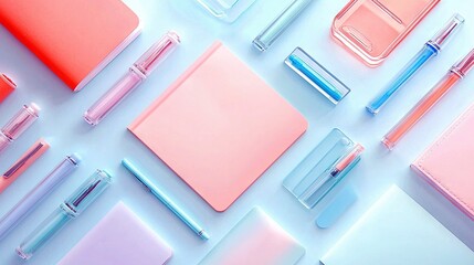 Overhead shot of various stationery items including pens, notebooks, and cases arranged on a light blue surface. The composition is minimalist and clean.