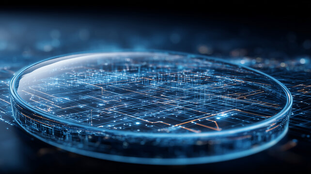 A digital analysis concept shown through a magnifying surface highlighting complex circuit patterns representing data inspection, system evaluation and technological research.
