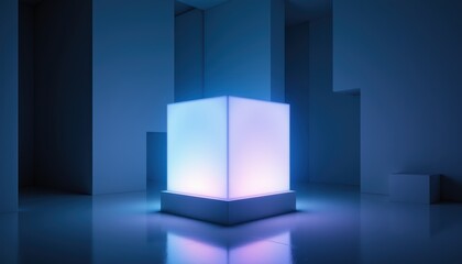White cube illuminated by blue light simple white cube bathed in soft blue glow presenting minimalist aesthetic and striking contrast
