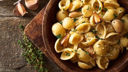 Fototapeta premium An overhead photo of pasta with roasted garlic and thyme, rustic cutting board base, minimal props