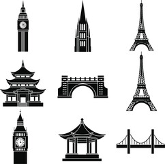 Obraz premium Collection of black silhouette iconic landmarks and architectural structures big ben