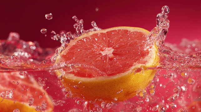 Fresh pink grapefruit makes refreshing splash in citrus juice. This juicy fruit in liquid with water drop and bubble create vibrant scene