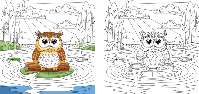 Cute cartoon owl sitting on log floating on lily pad in river coloring book page vector illustration for kids