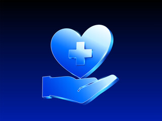 Obraz premium 3d blue glossy medical heart with a cross symbol resting above an open hand, representing healthcare support, protection, and medical assistance. Vector illustration