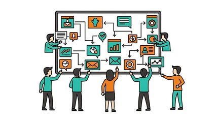 People collaborating on a complex business process or workflow diagram displayed on a large screen, illustrating teamwork and system integration.
