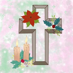 Christian outlined  cross decorated with Christmas elements.