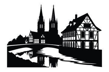 Naklejka premium : Strasbourg Canal with Half Timbered Houses and Cathedral 