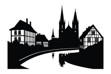 : Strasbourg Canal with Half Timbered Houses and Cathedral 