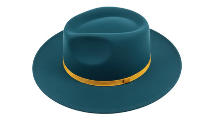 Isolated stylish felt hat of deep teal color with golden trim, close-up studio shot, fashion item