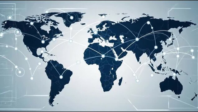 Global cloud network visualization showing smart retail interconnection nodes pulsing across world map hologram