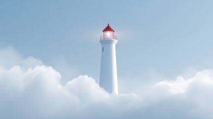 Surreal lighthouse tower rises above sea of cloud into blue sky. glowing light offers symbol of hope and dreamy guidance © Image4u