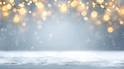 Blurred light blue background with golden lights and white snow, ideal for crafting an enchanting and magical winter scene for festive seasonal decor and holiday designs.