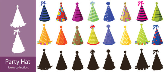 party hat icons set,Birthday Icons Set. Birthday Gifts. Filled icon set of Birthday Gifts: birthday box, ribbon bow, cake,