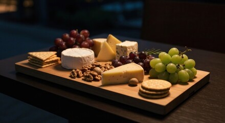 Wooden board with assorted cheeses, grapes, nuts, and crackers