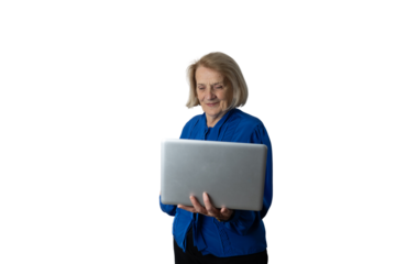 Senior woman using laptop computer on transparent background