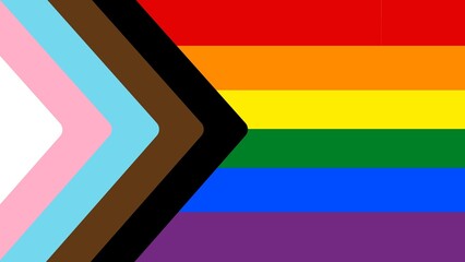 Illustration progress pride flag featuring inclusive chevron stripes for trans and marginalized communities merging into the traditional rainbow colors, symbolizing unity, diversity, and LGBTQ+ pride.