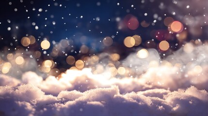 Blurred light blue background with golden lights and white snow, ideal for crafting an enchanting and magical winter scene for festive seasonal decor and holiday designs.