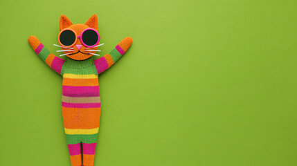 Fototapeta premium Joyful clay cat wearing vibrant clothes and stylish sunglasses. Funny handmade colorful striped animal character on green background copy space