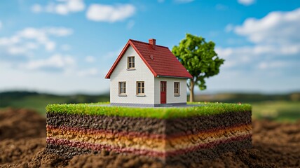 Small house sitting on layered soil block showing ground cross section
