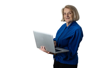 Senior woman smiling standing using laptop