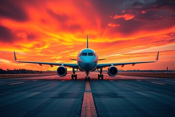 Commercial airliner on runway at golden hour with dramatic sunset sky, vibrant orange and blue tones, front aircraft view, airport tarmac and distant city skyline.