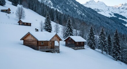 Wooden huts nestled in a snowy mountainside